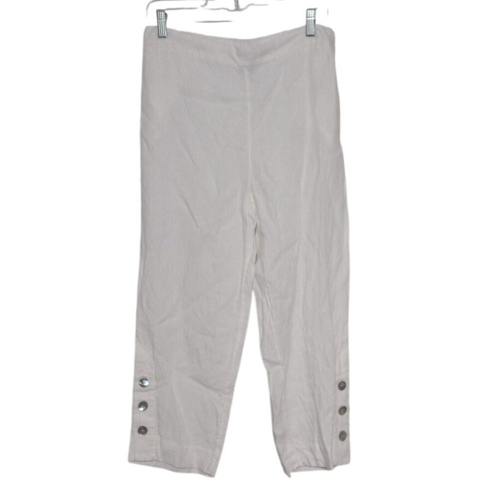 Chicos 1 100% Linen Crop Pants Womens Size Small White Button Cuffs Lightweight